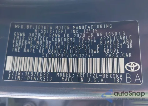 2016 Toyota Corolla S Plus из США, поврежденный, VIN 5YFBURHE7GP432747